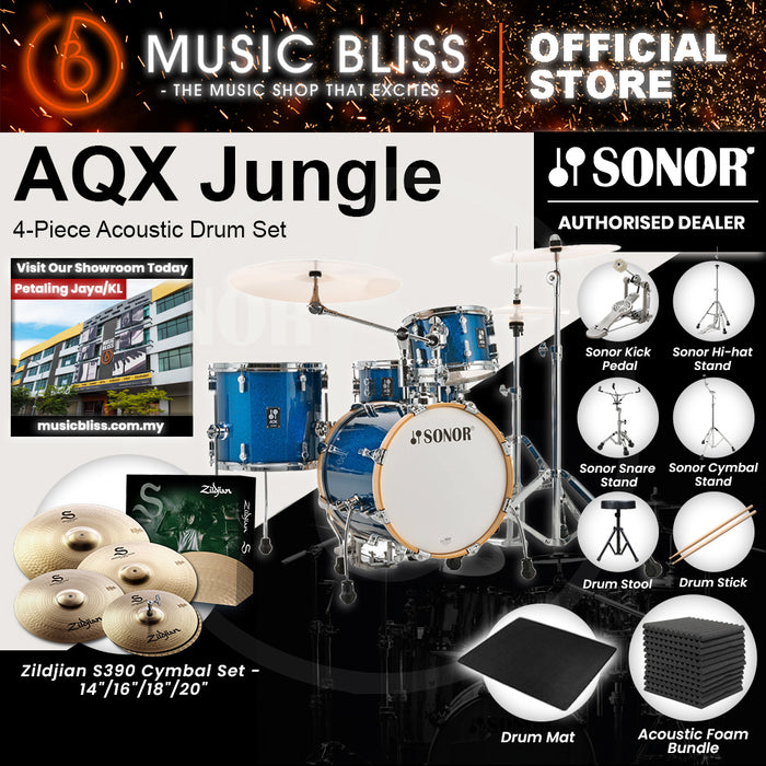 Sonor AQX Jungle 4-Piece Acoustic Drum Set - 16 Inch Bass Drum - Blue Ocean Sparkle
