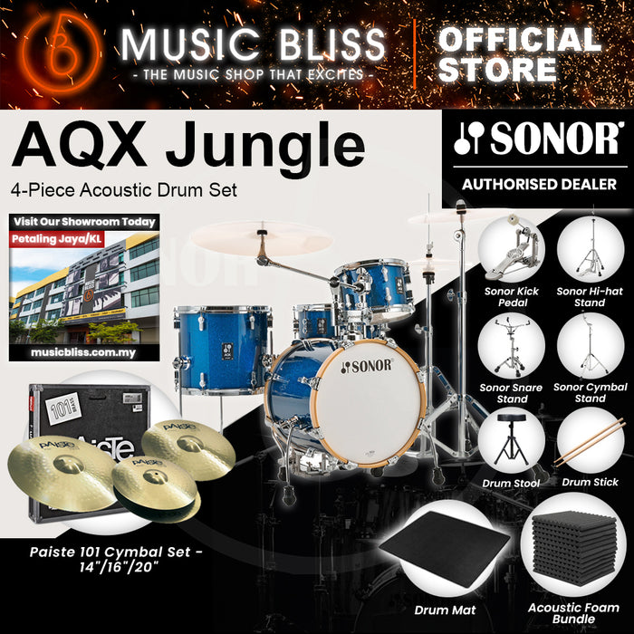 Sonor AQX Jungle 4-Piece Acoustic Drum Set - 16 Inch Bass Drum - Blue Ocean Sparkle