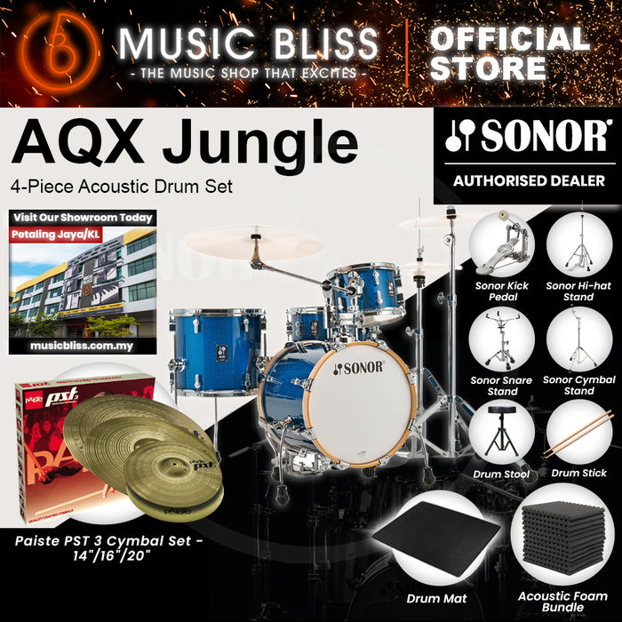 Sonor AQX Jungle 4-Piece Acoustic Drum Set - 16 Inch Bass Drum - Blue Ocean Sparkle