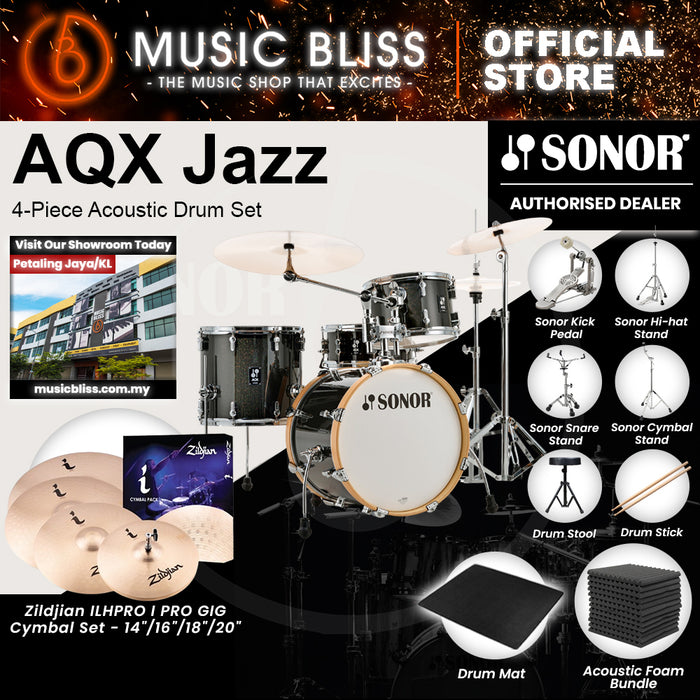 Sonor AQX Jazz 4-Piece Acoustic Drum Set - 18 Inch Bass Drum - Black Midnight Sparkle