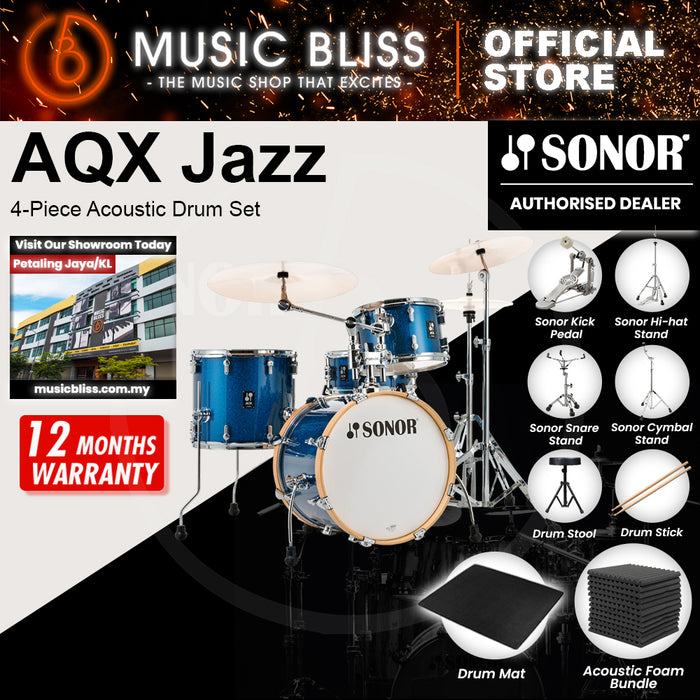 Sonor AQX Jazz 4-Piece Acoustic Drum Set - 18 Inch Bass Drum - Blue Ocean Sparkle