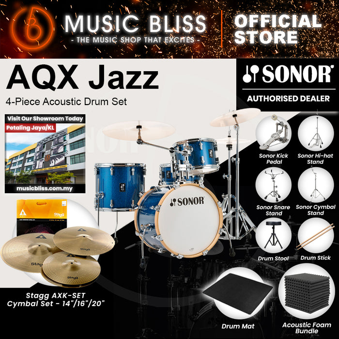 Sonor AQX Jazz 4-Piece Acoustic Drum Set - 18 Inch Bass Drum - Blue Ocean Sparkle