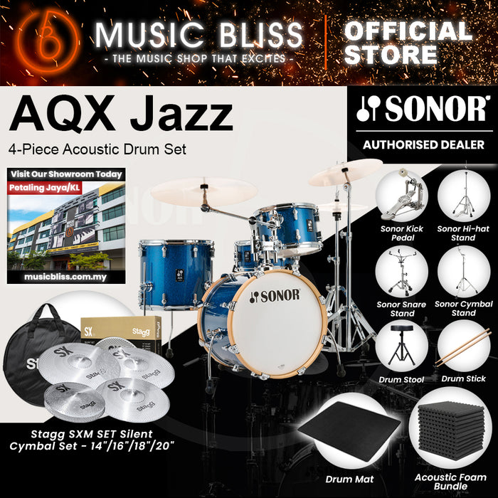 Sonor AQX Jazz 4-Piece Acoustic Drum Set - 18 Inch Bass Drum - Blue Ocean Sparkle