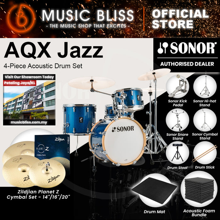 Sonor AQX Jazz 4-Piece Acoustic Drum Set - 18 Inch Bass Drum - Blue Ocean Sparkle