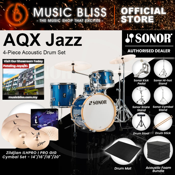 Sonor AQX Jazz 4-Piece Acoustic Drum Set - 18 Inch Bass Drum - Blue Ocean Sparkle