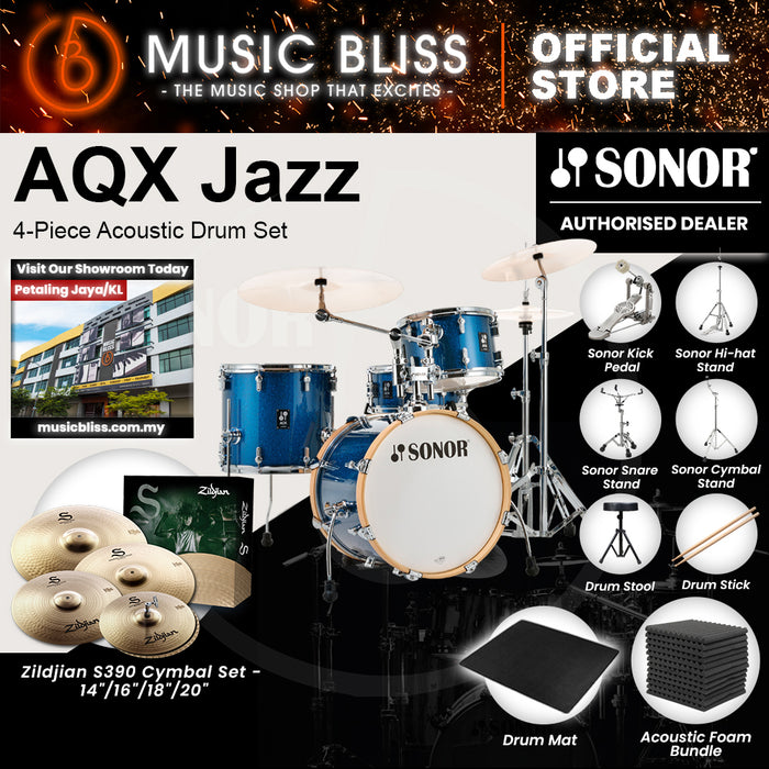 Sonor AQX Jazz 4-Piece Acoustic Drum Set - 18 Inch Bass Drum - Blue Ocean Sparkle