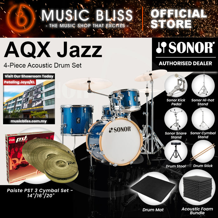Sonor AQX Jazz 4-Piece Acoustic Drum Set - 18 Inch Bass Drum - Blue Ocean Sparkle