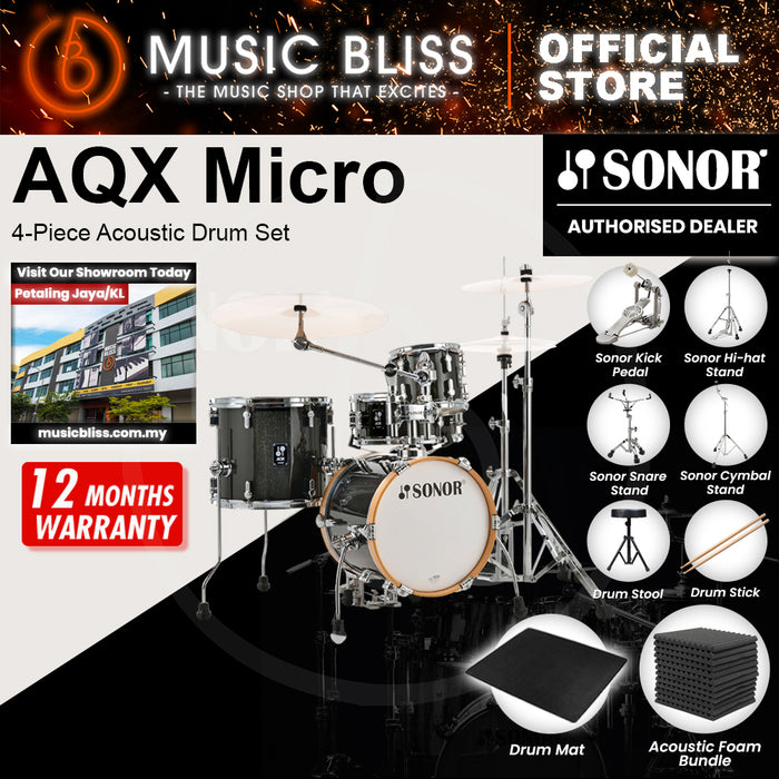 Sonor AQX Micro 4-Piece Acoustic Drum Set - 14 Inch Bass Drum  - Black Midnight Sparkle