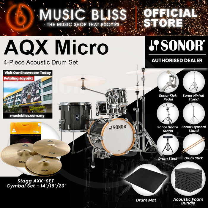 Sonor AQX Micro 4-Piece Acoustic Drum Set - 14 Inch Bass Drum  - Black Midnight Sparkle