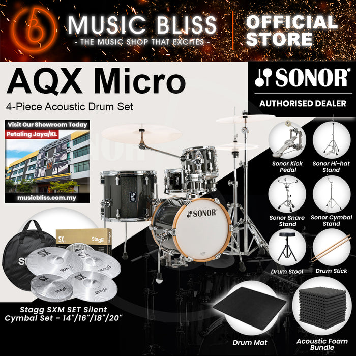 Sonor AQX Micro 4-Piece Acoustic Drum Set - 14 Inch Bass Drum  - Black Midnight Sparkle