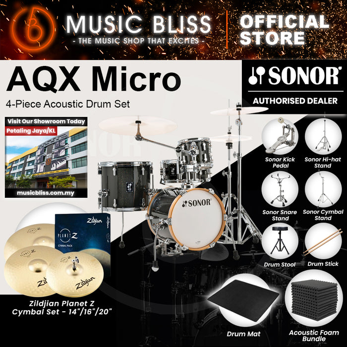 Sonor AQX Micro 4-Piece Acoustic Drum Set - 14 Inch Bass Drum  - Black Midnight Sparkle