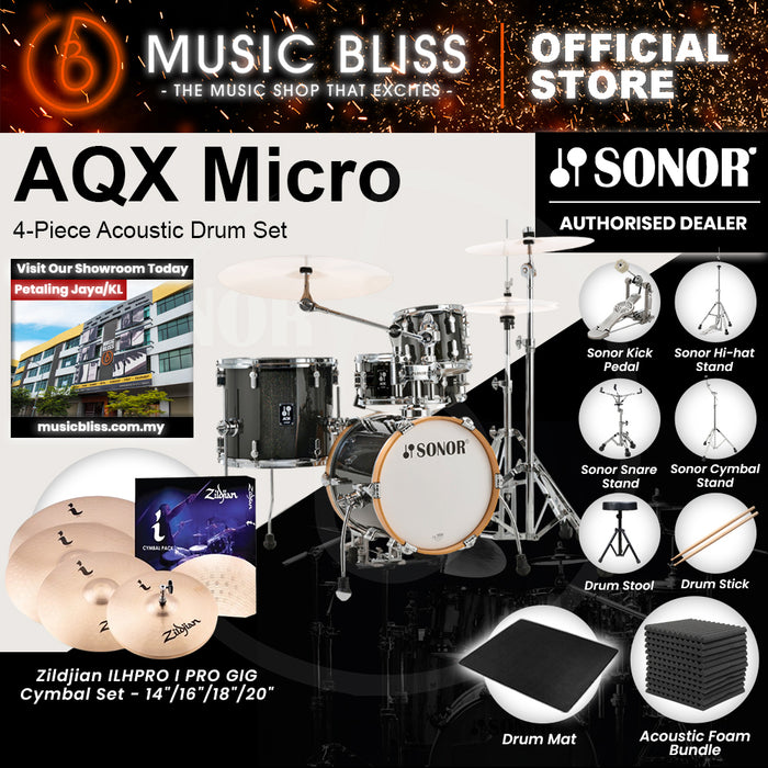 Sonor AQX Micro 4-Piece Acoustic Drum Set - 14 Inch Bass Drum  - Black Midnight Sparkle