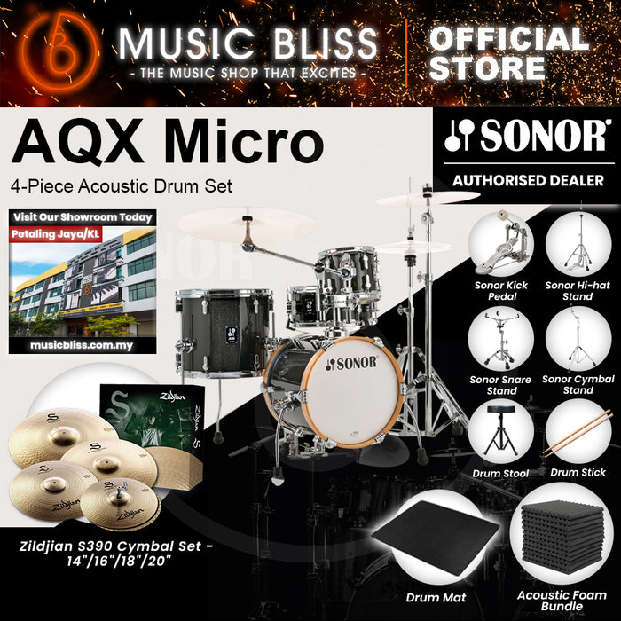 Sonor AQX Micro 4-Piece Acoustic Drum Set - 14 Inch Bass Drum  - Black Midnight Sparkle