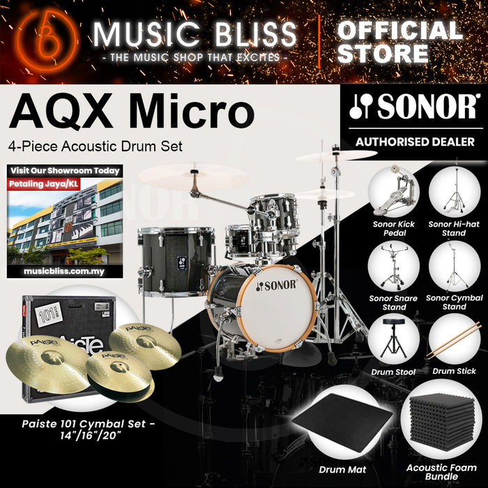 Sonor AQX Micro 4-Piece Acoustic Drum Set - 14 Inch Bass Drum  - Black Midnight Sparkle