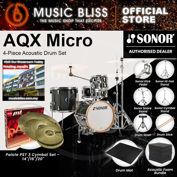 Sonor AQX Micro 4-Piece Acoustic Drum Set - 14 Inch Bass Drum  - Black Midnight Sparkle