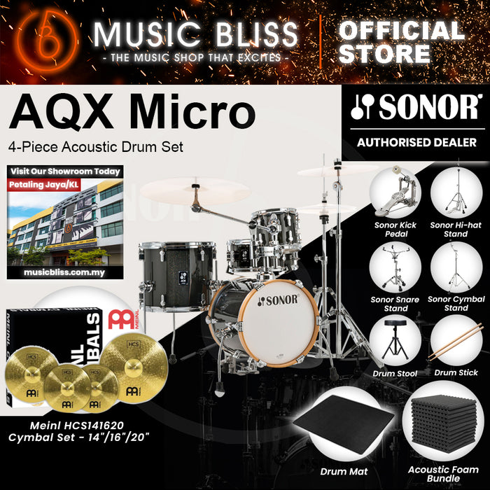 Sonor AQX Micro 4-Piece Acoustic Drum Set - 14 Inch Bass Drum  - Black Midnight Sparkle