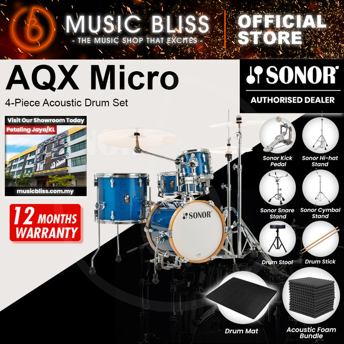 Sonor AQX Micro 4-Piece Acoustic Drum Set - 14 Inch Bass Drum - Blue Ocean Sparkle