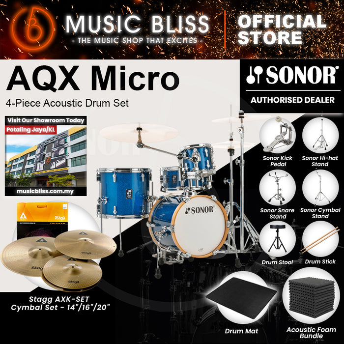 Sonor AQX Micro 4-Piece Acoustic Drum Set - 14 Inch Bass Drum - Blue Ocean Sparkle