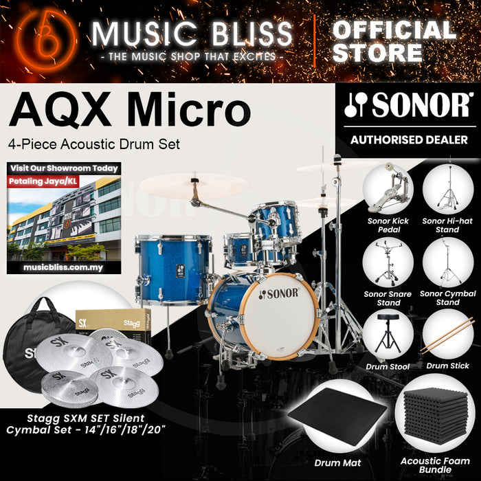 Sonor AQX Micro 4-Piece Acoustic Drum Set - 14 Inch Bass Drum - Blue Ocean Sparkle