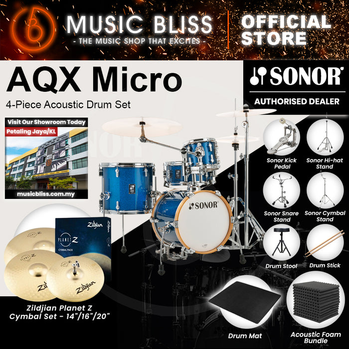 Sonor AQX Micro 4-Piece Acoustic Drum Set - 14 Inch Bass Drum - Blue Ocean Sparkle