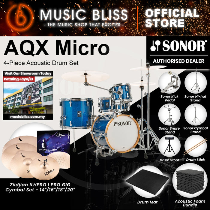 Sonor AQX Micro 4-Piece Acoustic Drum Set - 14 Inch Bass Drum - Blue Ocean Sparkle