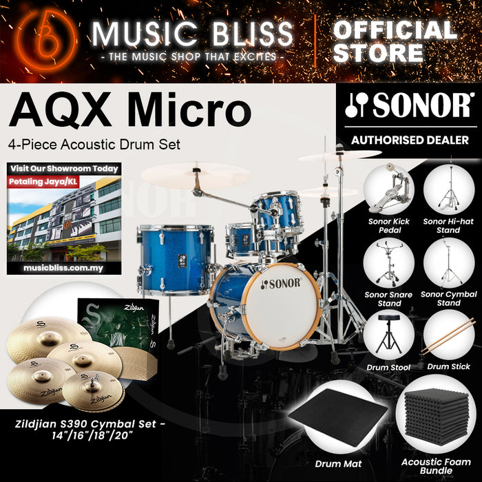 Sonor AQX Micro 4-Piece Acoustic Drum Set - 14 Inch Bass Drum - Blue Ocean Sparkle