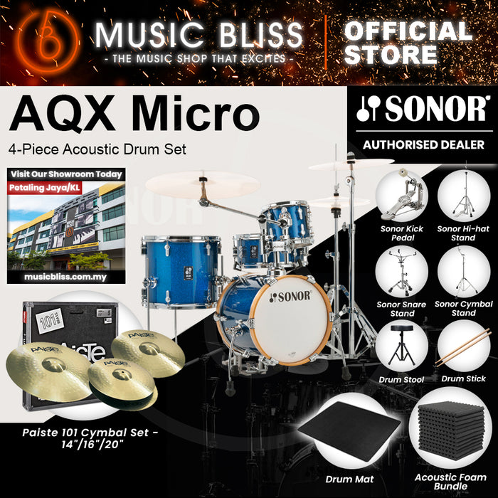 Sonor AQX Micro 4-Piece Acoustic Drum Set - 14 Inch Bass Drum - Blue Ocean Sparkle