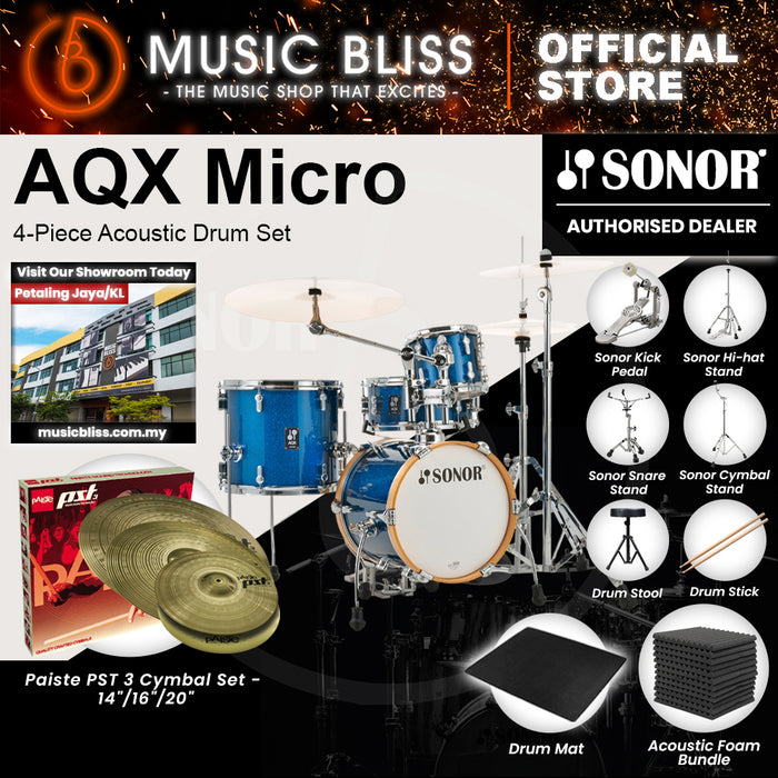 Sonor AQX Micro 4-Piece Acoustic Drum Set - 14 Inch Bass Drum - Blue Ocean Sparkle