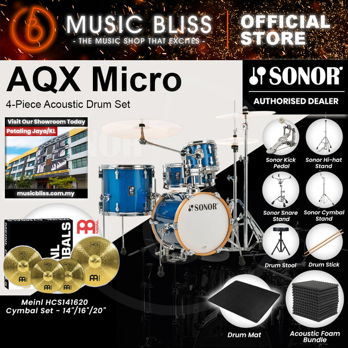 Sonor AQX Micro 4-Piece Acoustic Drum Set - 14 Inch Bass Drum - Blue Ocean Sparkle