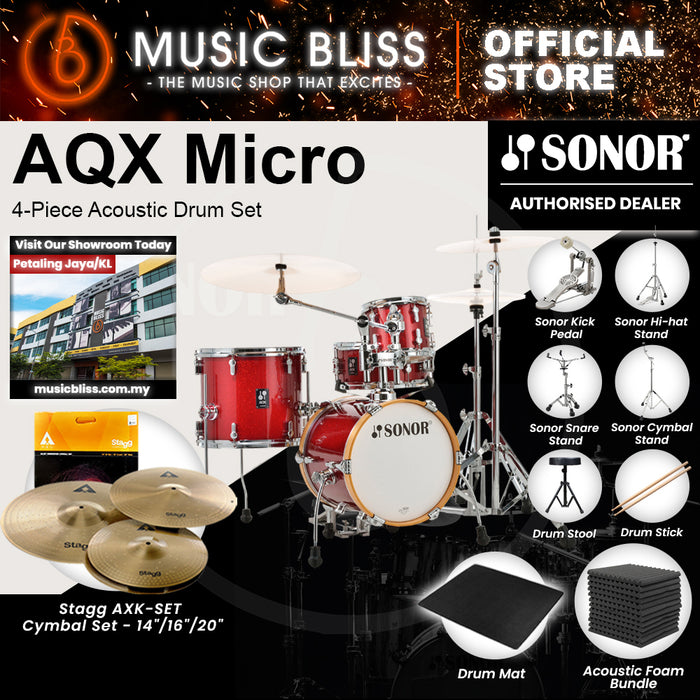 Sonor AQX Micro 4-Piece Acoustic Drum Set - 14 Inch Bass Drum - Red Moon Sparkle