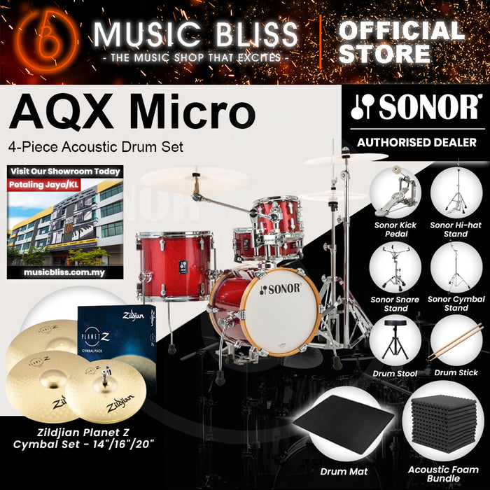 Sonor AQX Micro 4-Piece Acoustic Drum Set - 14 Inch Bass Drum - Red Moon Sparkle