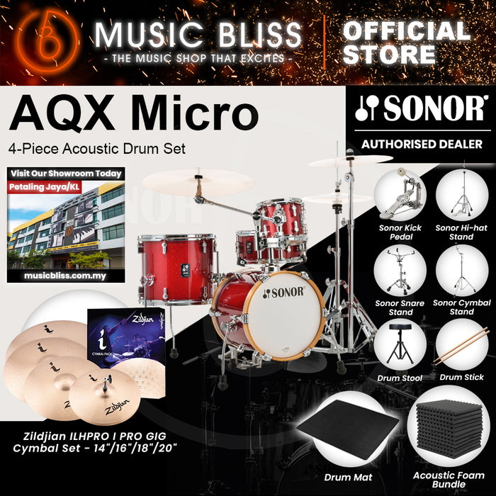 Sonor AQX Micro 4-Piece Acoustic Drum Set - 14 Inch Bass Drum - Red Moon Sparkle