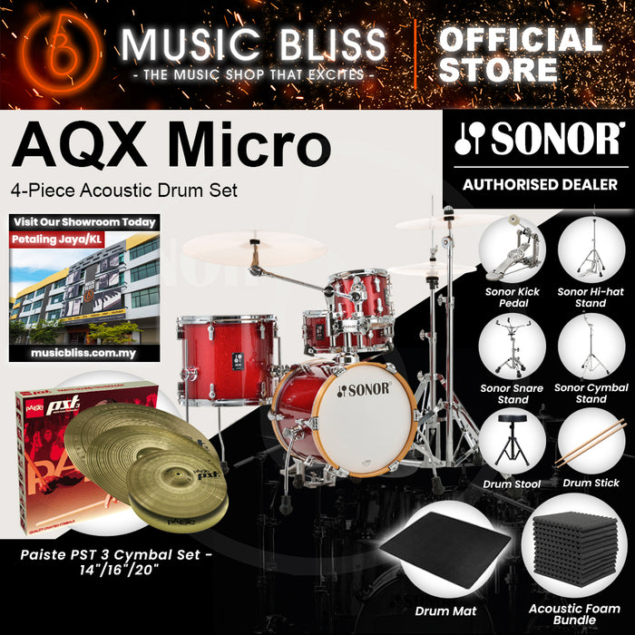 Sonor AQX Micro 4-Piece Acoustic Drum Set - 14 Inch Bass Drum - Red Moon Sparkle