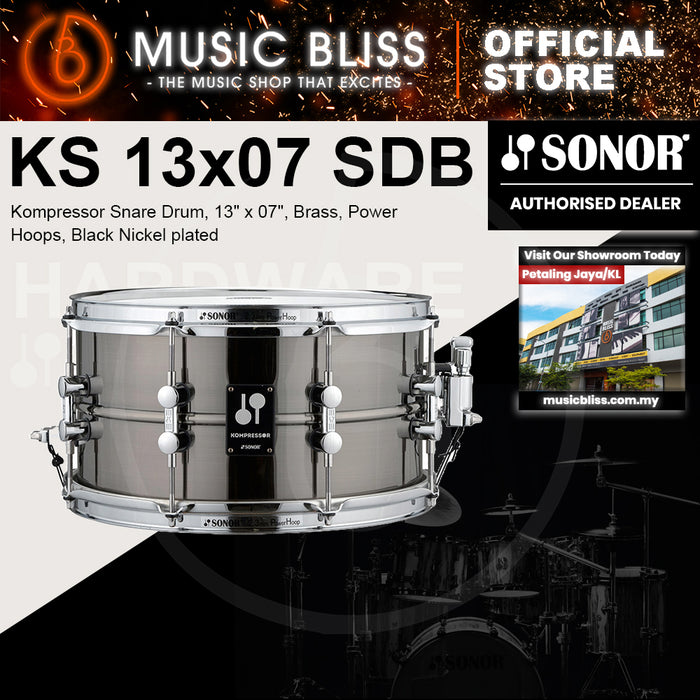 Sonor Kompressor Snare Drum, 13" x 07", Brass, Power Hoops, Black Nickel plated