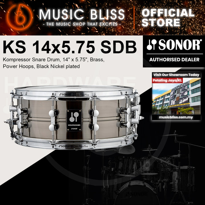 Sonor Kompressor Snare Drum, 14" x 5.75", Brass, Power Hoops, Black Nickel plated