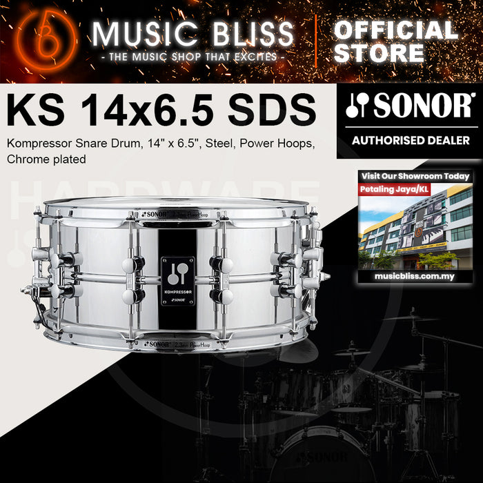 Sonor Kompressor Snare Drum, 14" x 6.5", Steel, Power Hoops, Chrome plated
