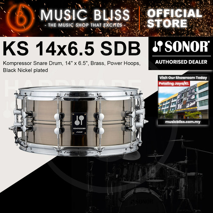 Sonor Kompressor Snare Drum, 14" x 6.5", Brass, Power Hoops, Black Nickel plated