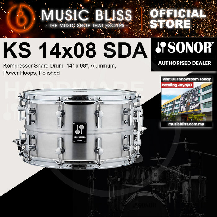 Sonor Kompressor Snare Drum, 14" x 08", Aluminum, Power Hoops, Polished