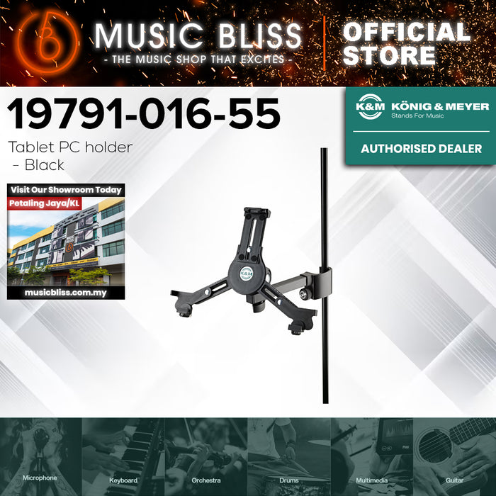 K&M 19791 Universal Tablet Holder - Clamp Mount for iPad/Tablet Height 222-334mm