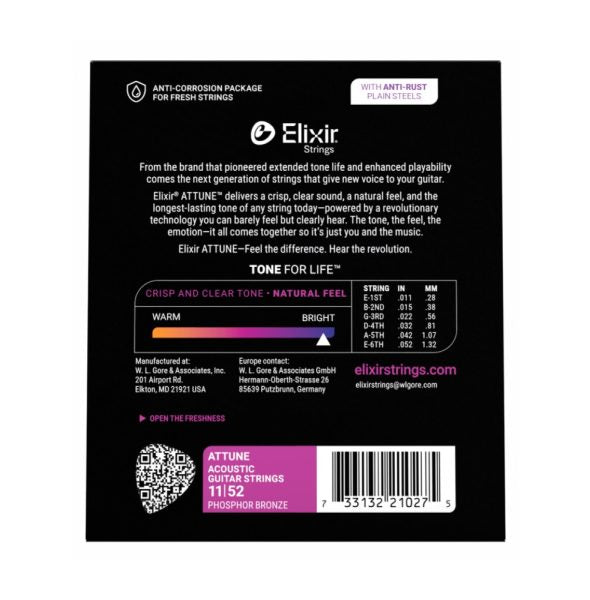 Elixir 21027 Attune Phosphor Bronze Acoustic Guitar Strings, Custom Light, 11-52 Gauge