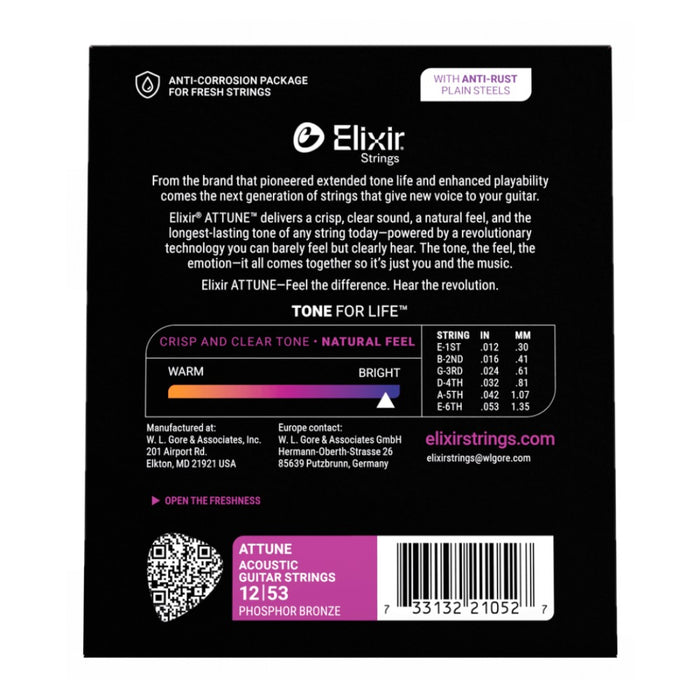 Elixir 21052 Attune Phosphor Bronze Acoustic Guitar Strings, Light, 12-53 Gauge