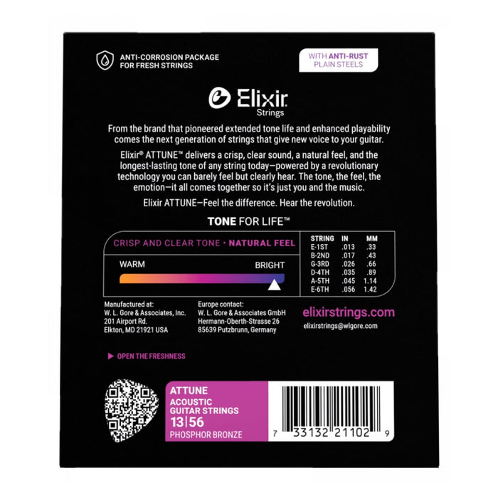 Elixir Strings 21102 Attune Phosphor Bronze Acoustic Guitar Strings, Medium, 13-56 Gauge