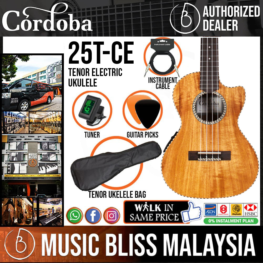 Cordoba 25T CE Tenor Electric Ukulele Acacia Top Figured Acacia