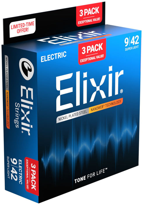 Elixir 16566 Nanoweb 9-42 Nickel-Plated Steel Electric Guitar Strings 3 Pack