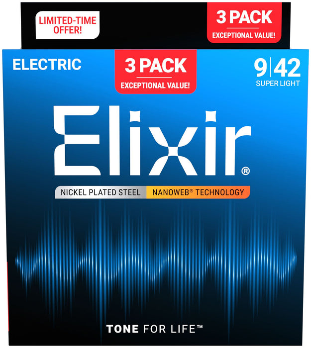 Elixir 16566 Nanoweb 9-42 Nickel-Plated Steel Electric Guitar Strings 3 Pack