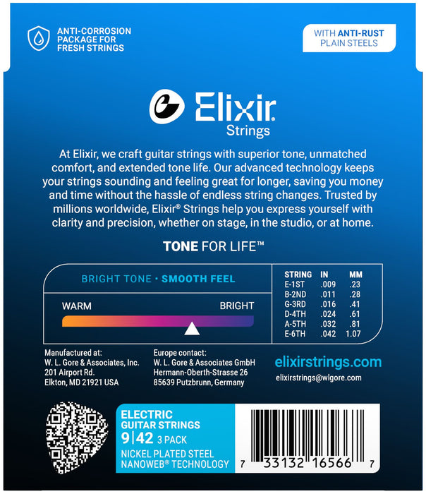 Elixir 16566 Nanoweb 9-42 Nickel-Plated Steel Electric Guitar Strings 3 Pack