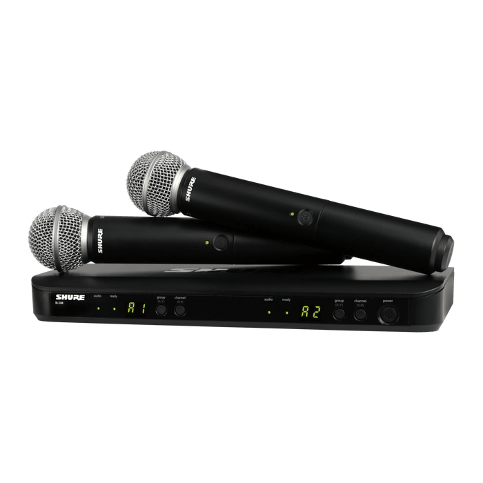 Shure BLX288/SM58 Dual Channel Handheld Wireless Microphone System, BLX88 Dual-channel Wireless Receiver & (2) BLX2/SM58 Handheld Transmitters