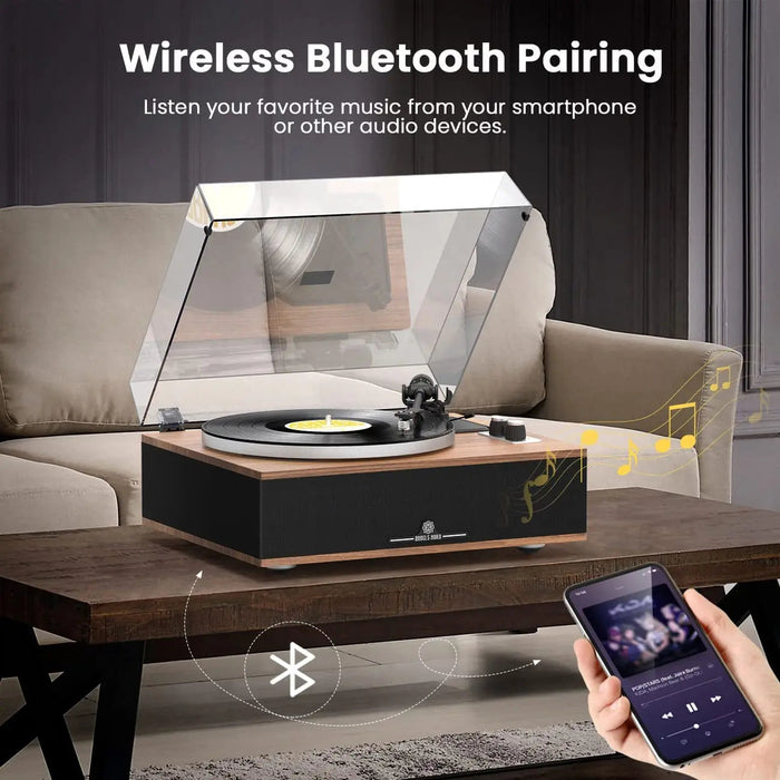 Angels Horn H019 Hi-Fi Bluetooth Turntable with Built-in Speakers (Walnut) AT3600L Catridge, Best Value Buy Beginner Turntable Vinyl Record Player with built-in speakers