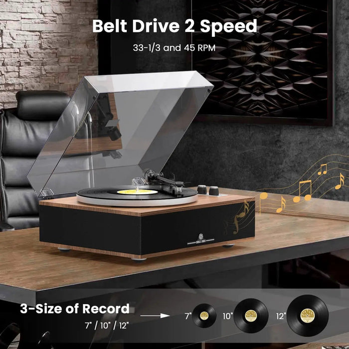 Angels Horn H019 Hi-Fi Bluetooth Turntable with Built-in Speakers (Walnut) AT3600L Catridge, Best Value Buy Beginner Turntable Vinyl Record Player with built-in speakers