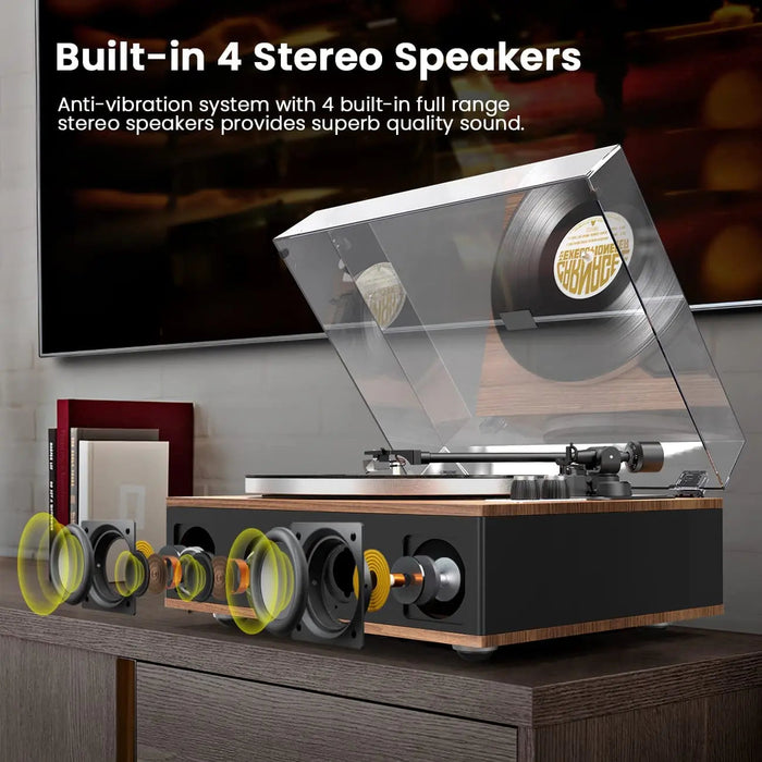 Angels Horn H019 Hi-Fi Bluetooth Turntable with Built-in Speakers (Walnut) AT3600L Catridge, Best Value Buy Beginner Turntable Vinyl Record Player with built-in speakers